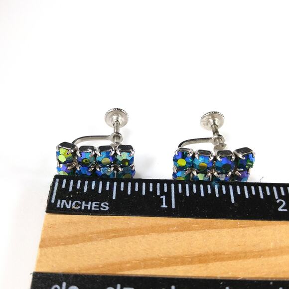 Vintage Blue Aurora Borealis Rhinestone Earrings, Rhodium Plated, Screw Backs - Picture 8 of 10